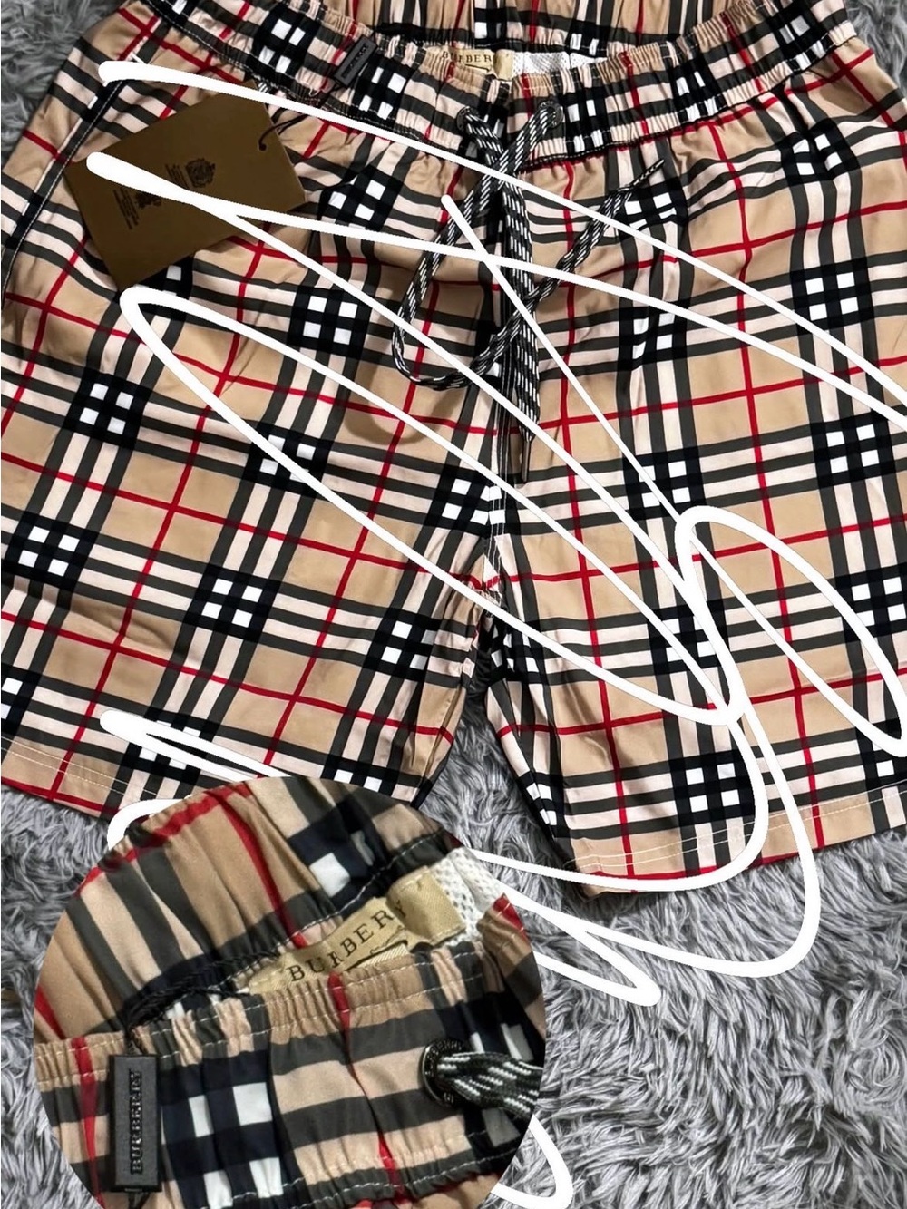 Burberry Beige Plaid Swim Shorts with Black & Red Accents